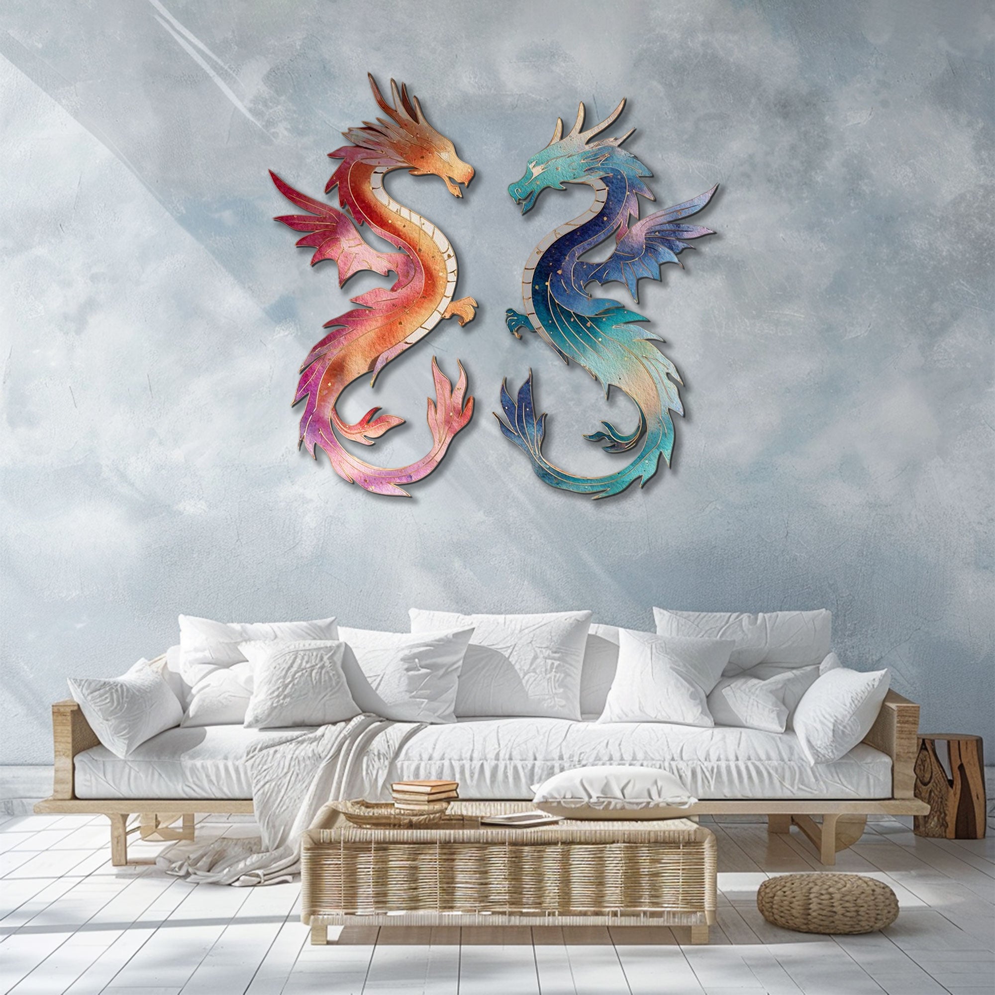 Pastel Dragon Pair Metal Wall Art – 2D UV Printed Aluminum Fantasy Decor
