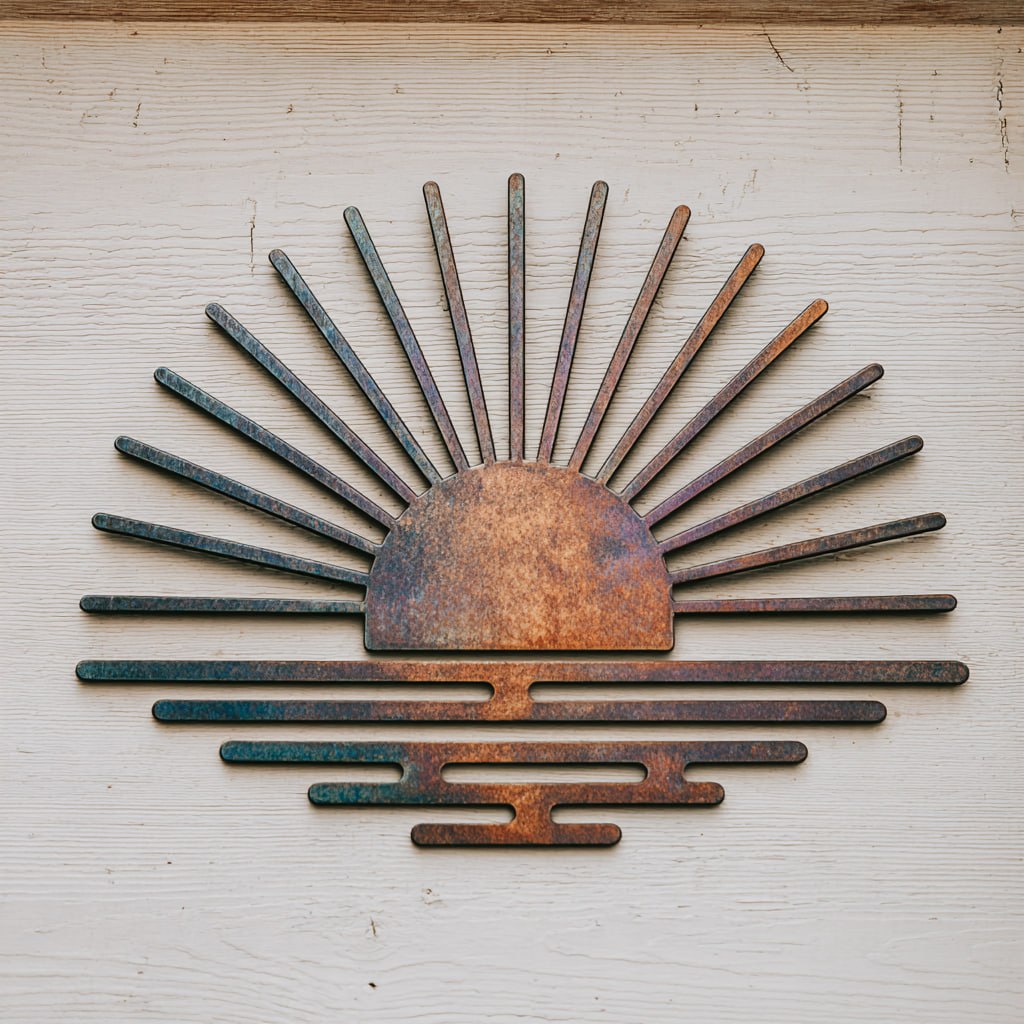 Rustic Sunburst Horizon Metal Wall Art – 2D UV Printed Aluminum Patio Decor
