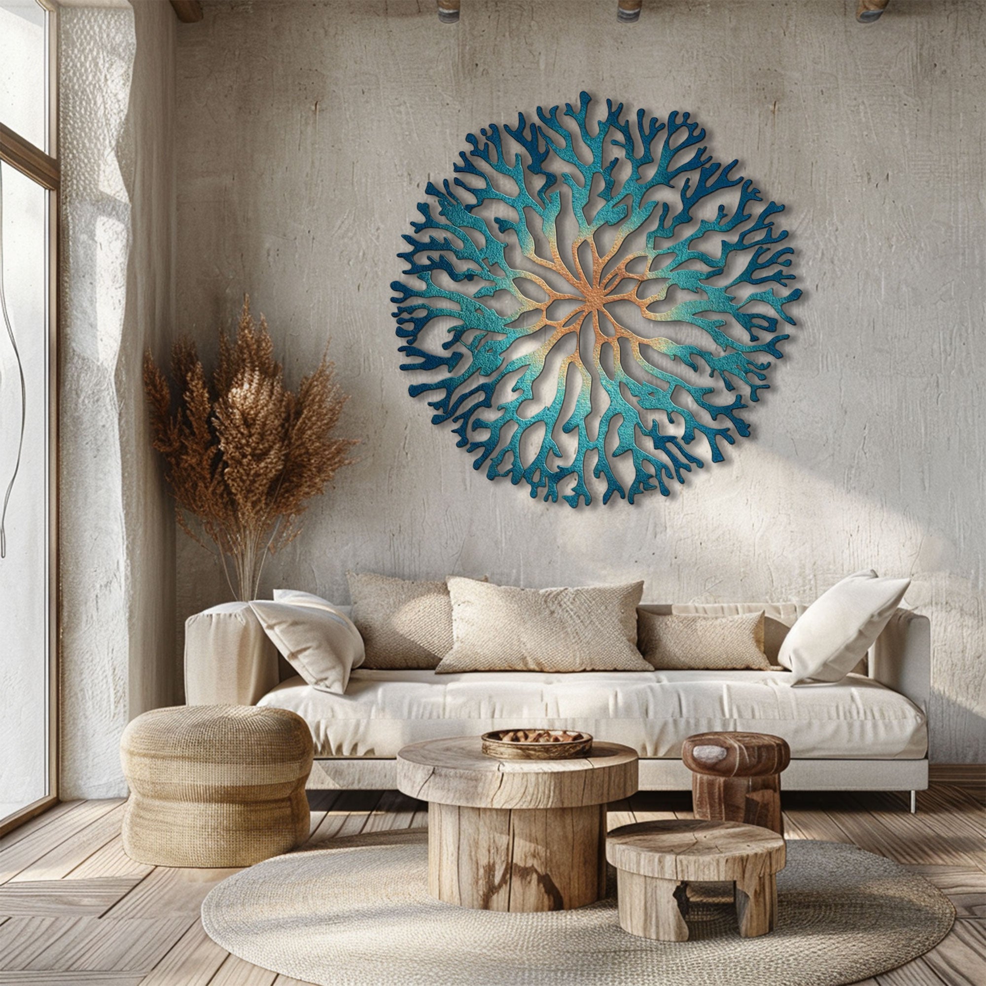 Round Turquoise Coral Reef Metal Wall Art – 2D UV Printed Aluminum Coastal Decor