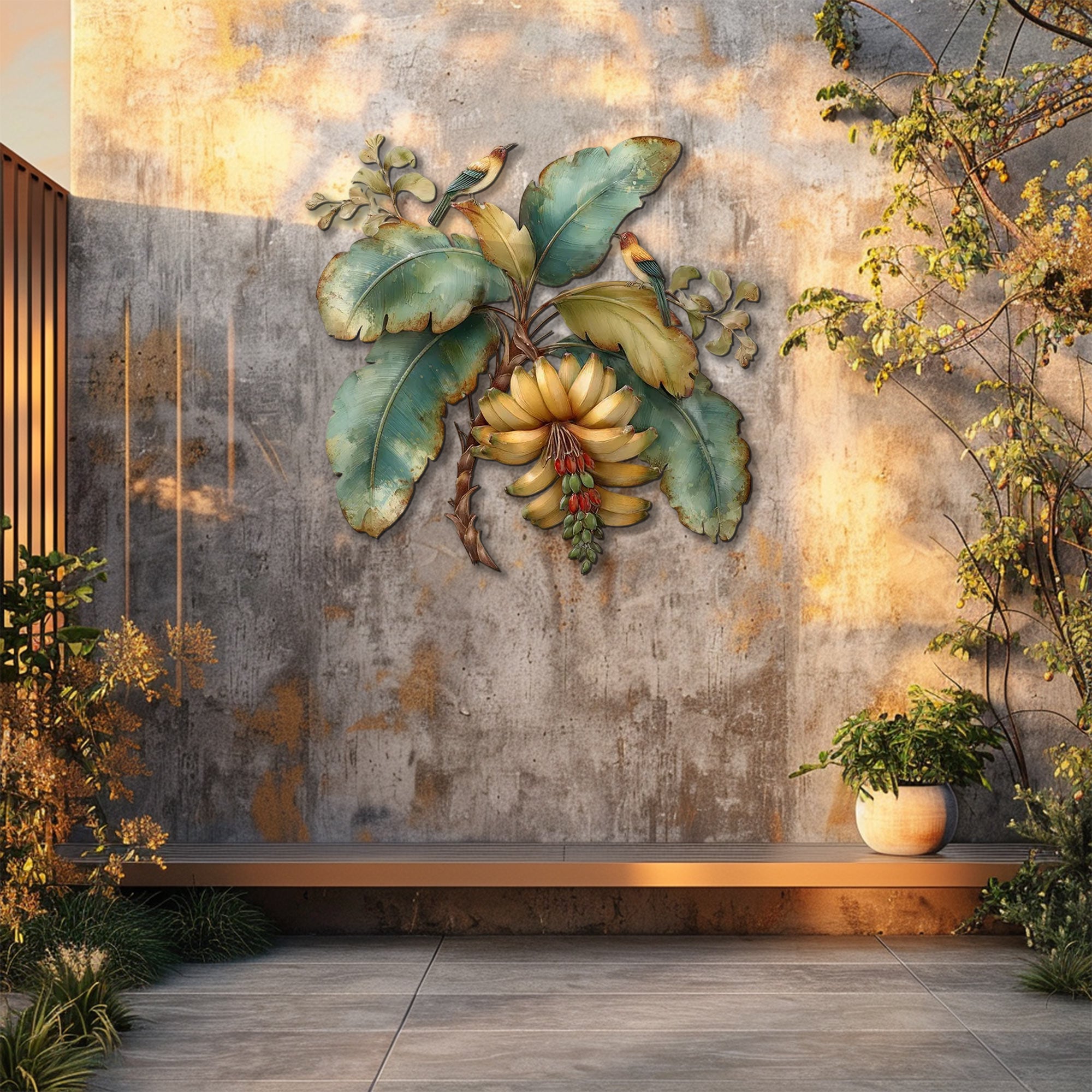 Tropical Banana Tree Bird Metal Wall Art – 2D UV Printed Aluminum Botanical Decor