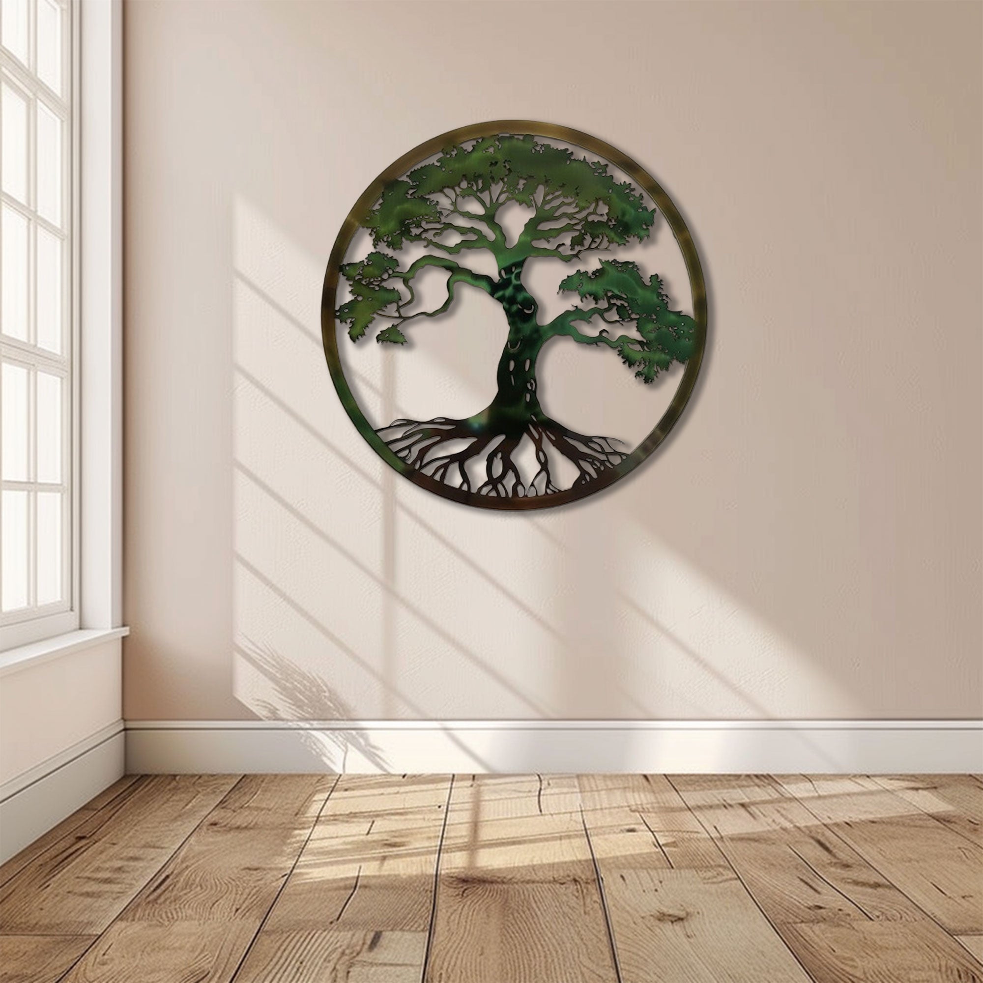Green Round Tree of Life Metal Wall Art – 2D UV Printed Aluminum Nature Decor