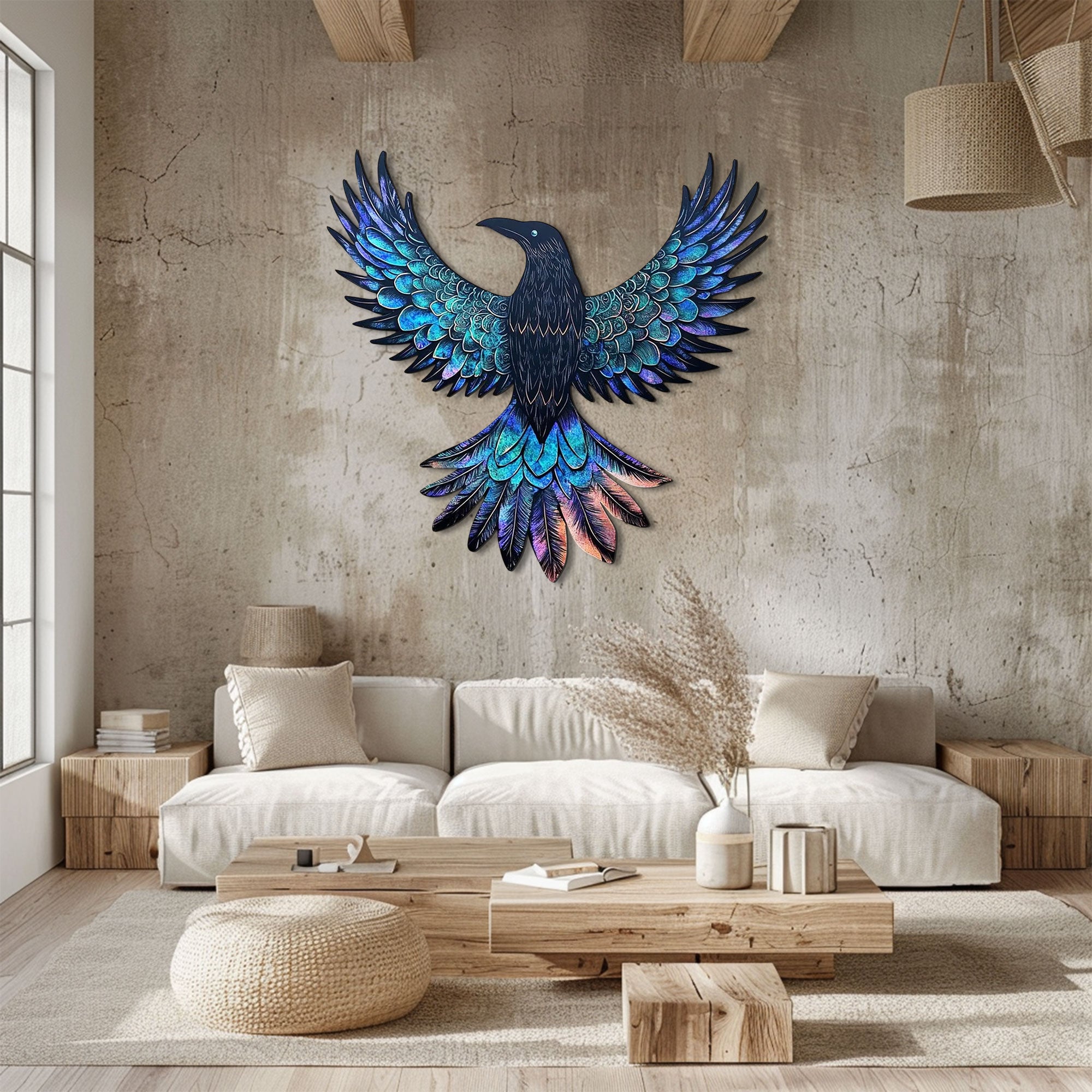 Iridescent Raven Metal Wall Art – 2D UV Printed Aluminum Gothic Bird Decor