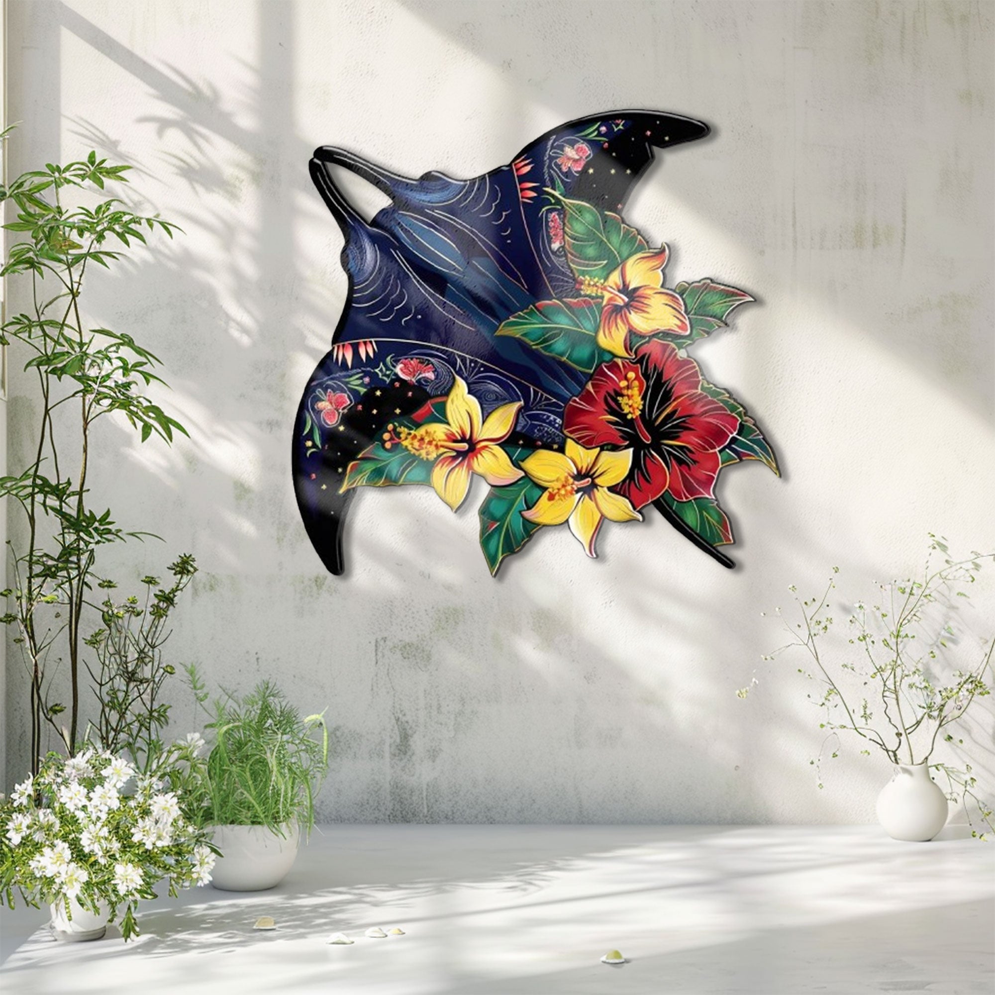 Tropical Floral Manta Ray Metal Wall Art – Hibiscus Ocean Coastal Decor