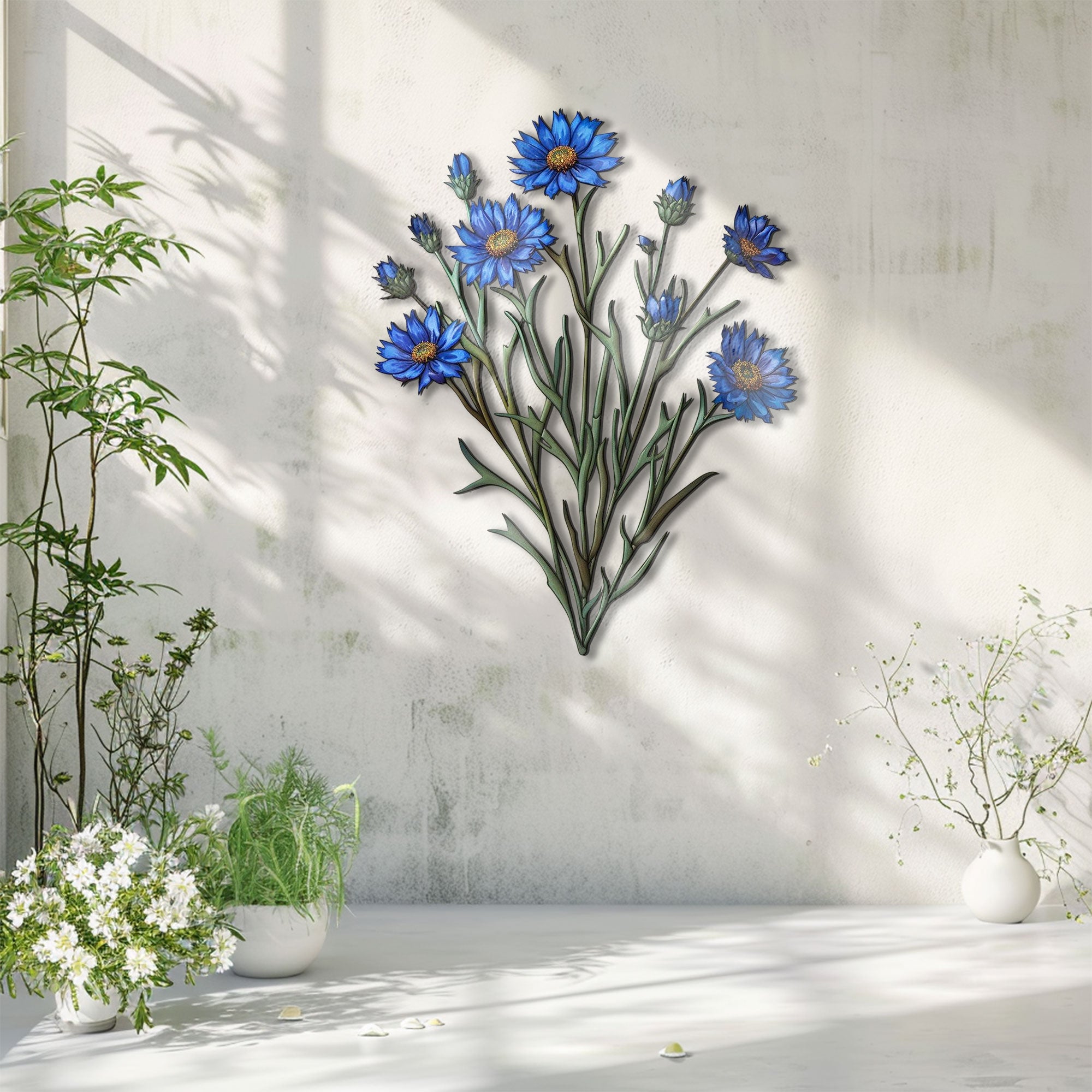 Sapphire Blooms Luxury Metal Wall Art – 2D UV Printed High-Gloss Botanical Decor