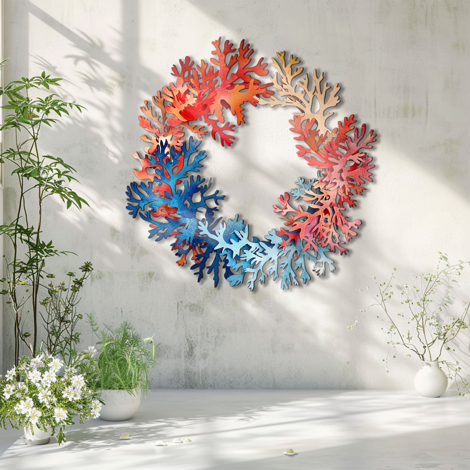 Red Blue Coral Wreath Metal Wall Art – 2D UV Printed Aluminum Coastal Decor