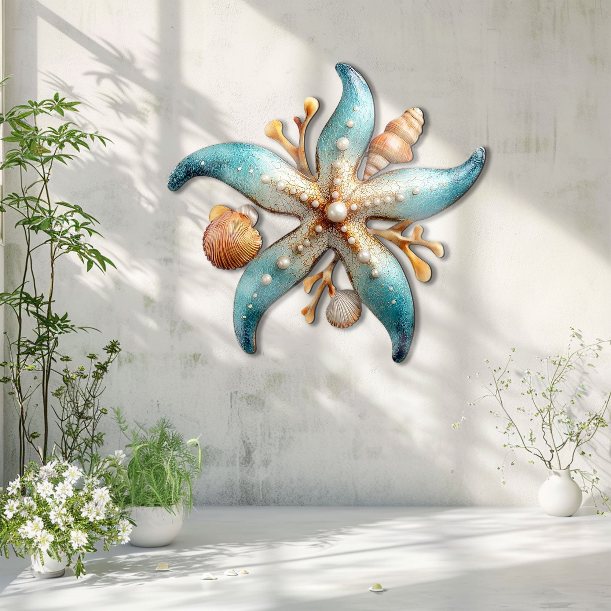 Turquoise Starfish Seashell Metal Wall Art – 2D UV Printed Aluminum Coastal Decor