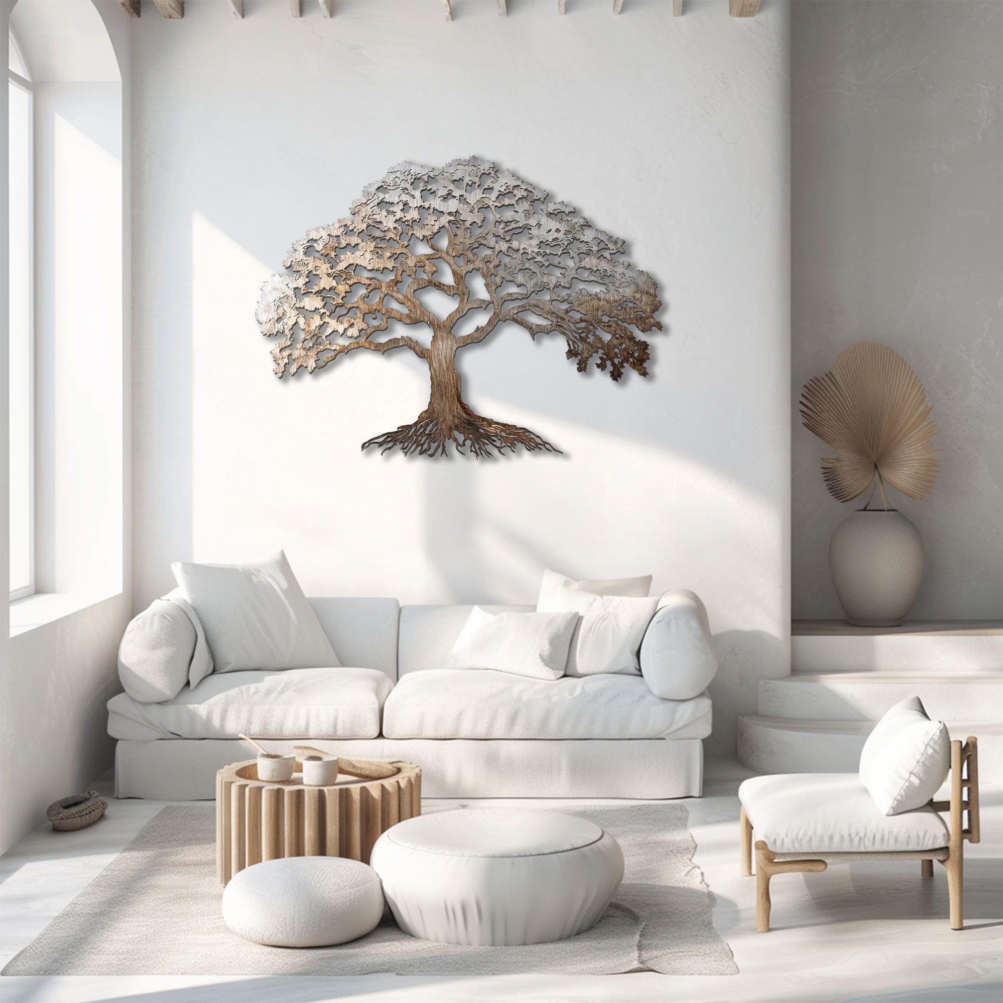 Silver Oak Tree of Life Metal Wall Art – 2D UV Printed Aluminum Nature Forest Decor
