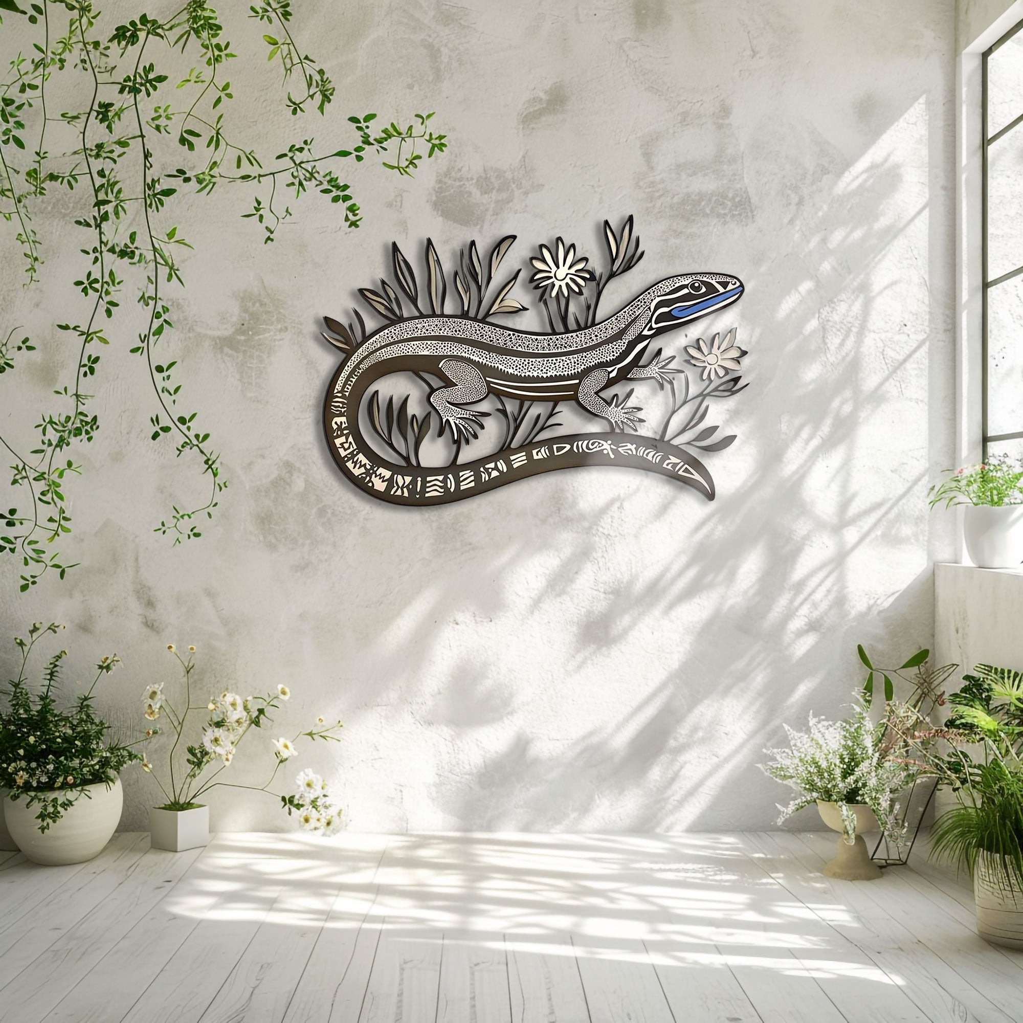 Blue Tongue Skink Metal Wall Art – 2D UV Printed Aluminum Botanical Reptile Decor