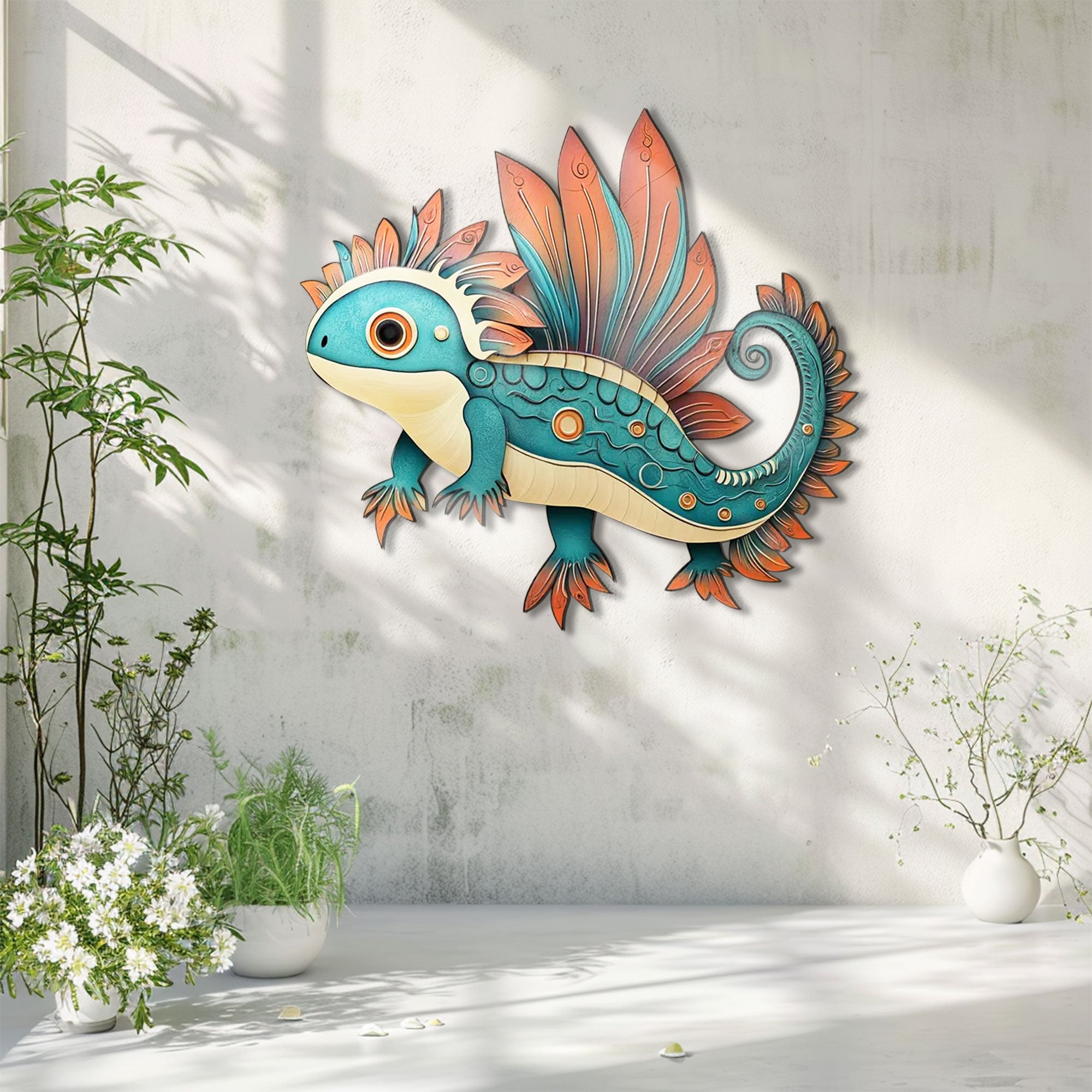 Turquoise Fantasy Axolotl Metal Wall Art – 2D UV Printed Aluminum Amphibian Decor