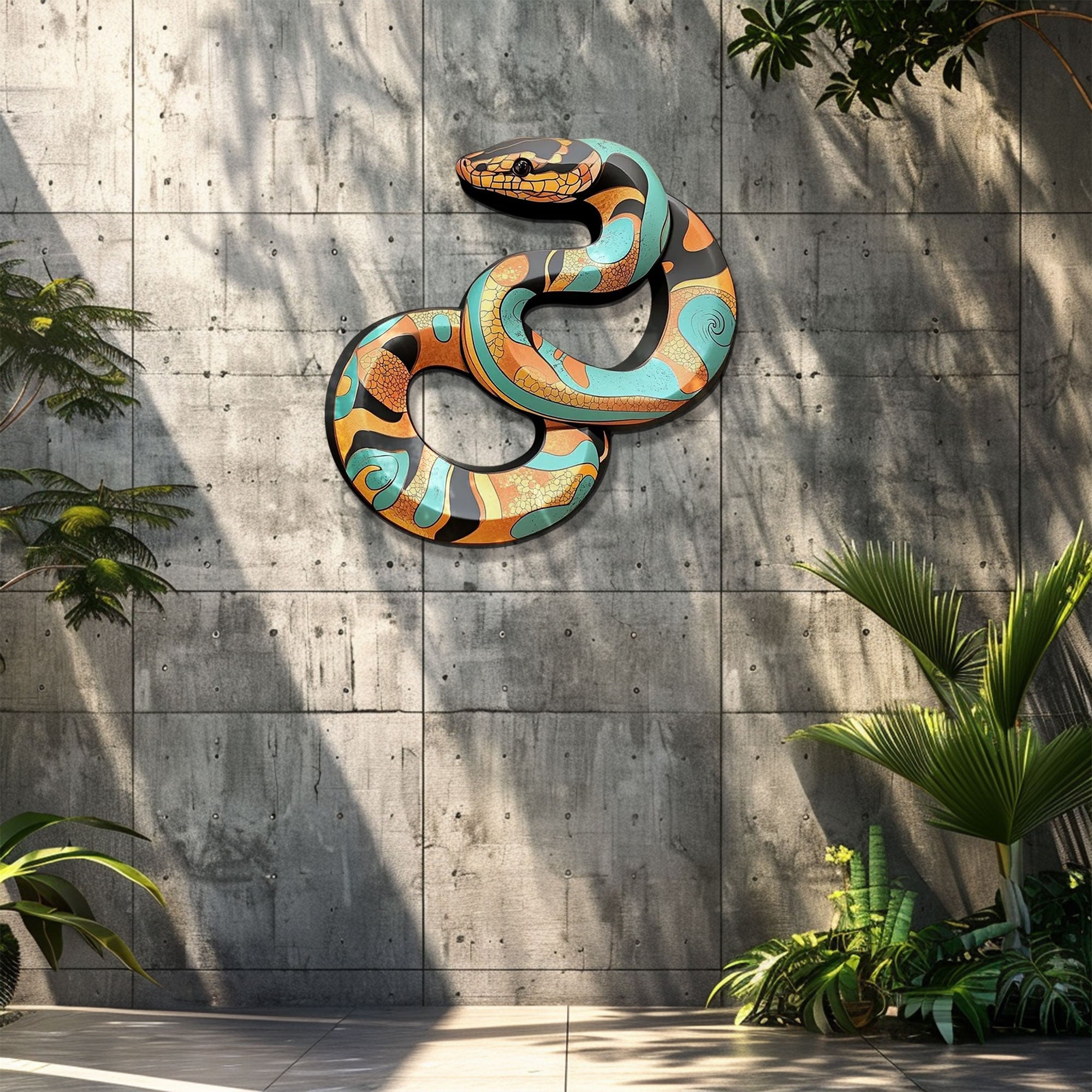 Turquoise Orange Snake Metal Wall Art – 2D UV Printed Aluminum Reptile Decor
