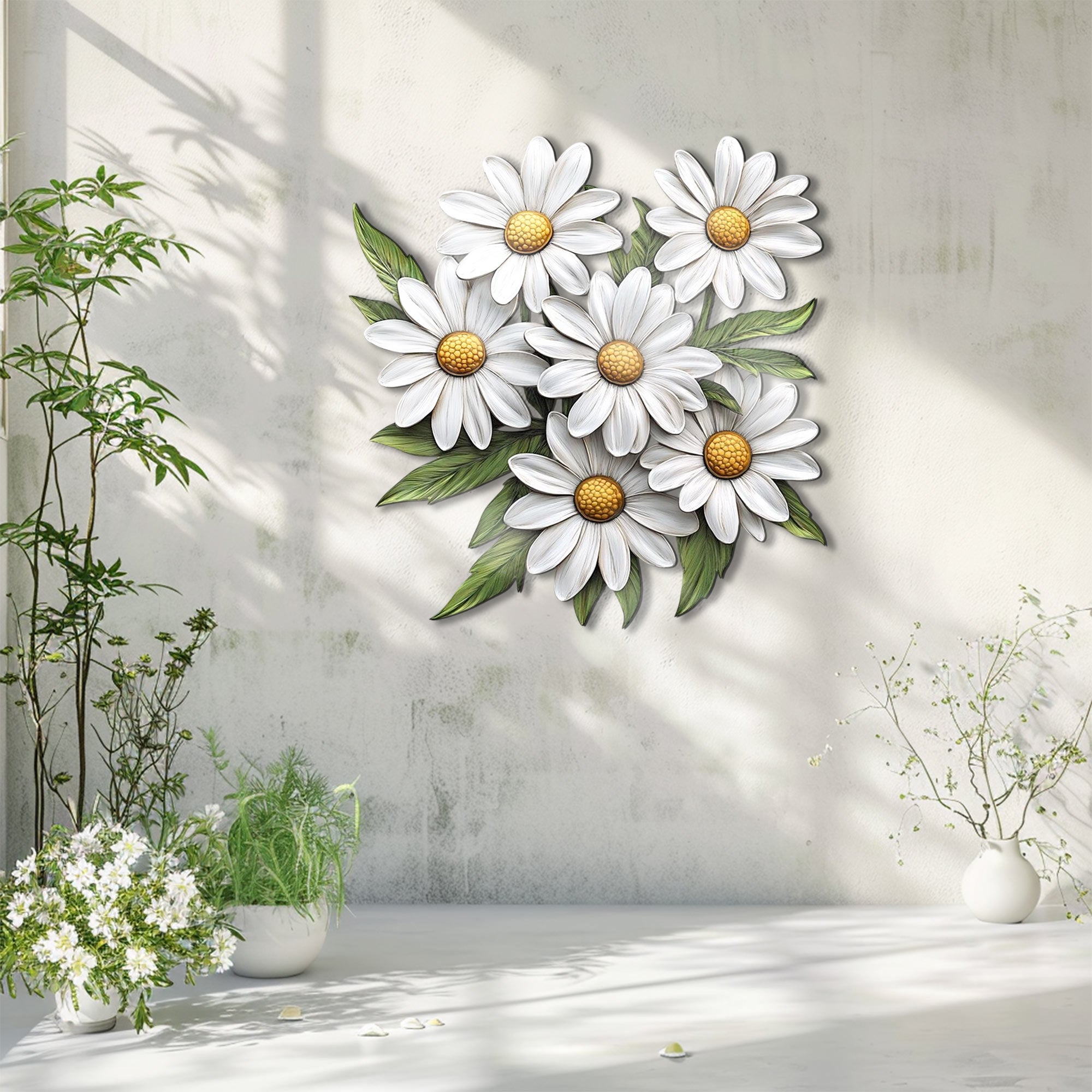 White Daisy Flower Cluster Metal Wall Art – 2D UV Printed Aluminum Floral Garden Decor