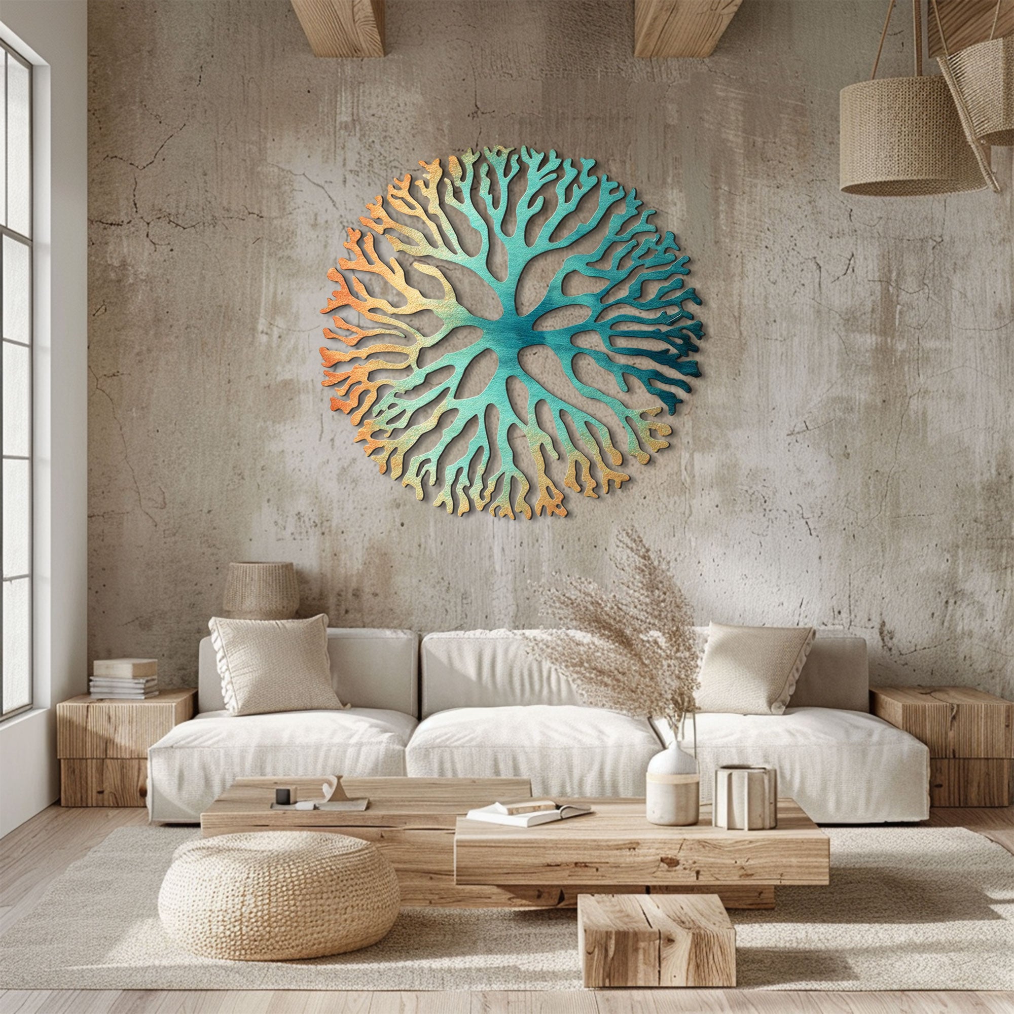 Oval Turquoise Coral Reef Metal Wall Art – 2D UV Printed Aluminum Coastal Decor