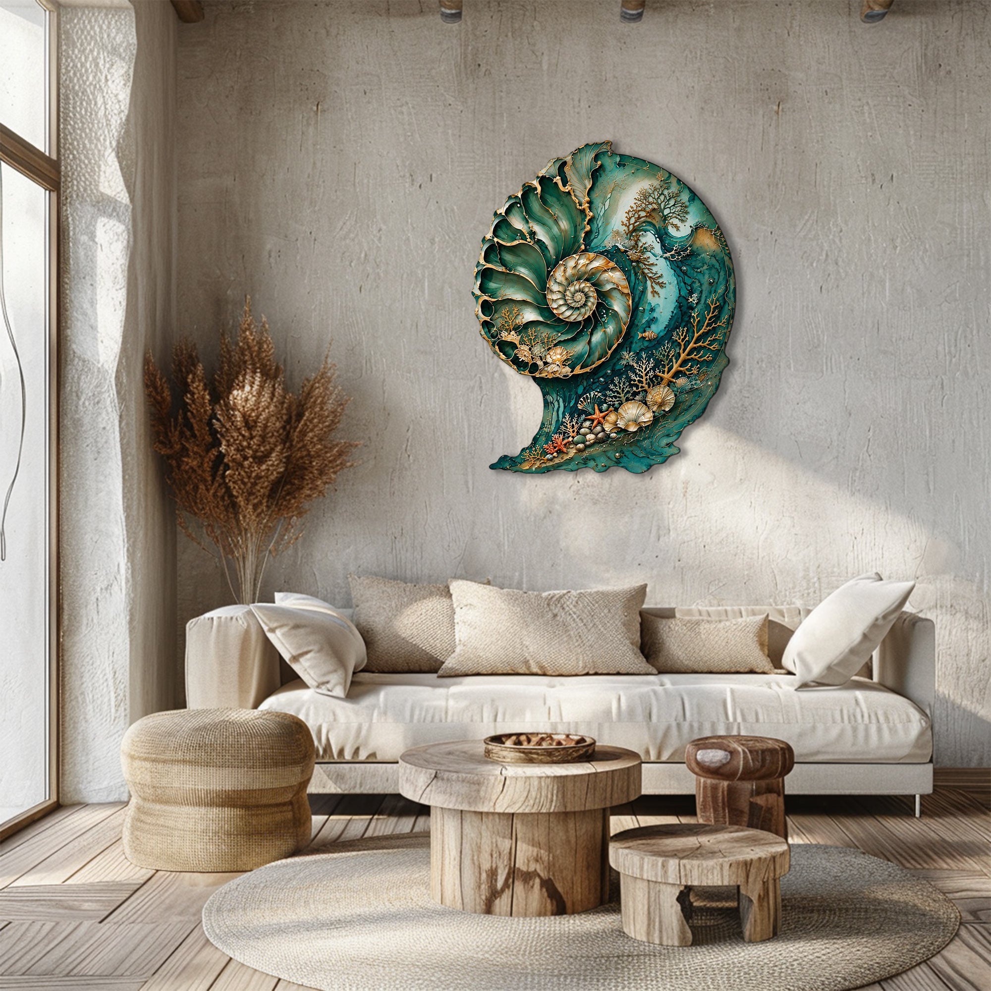 Teal Nautilus Seashell Metal Wall Art – 2D UV Printed Aluminum Coastal Ocean Decor