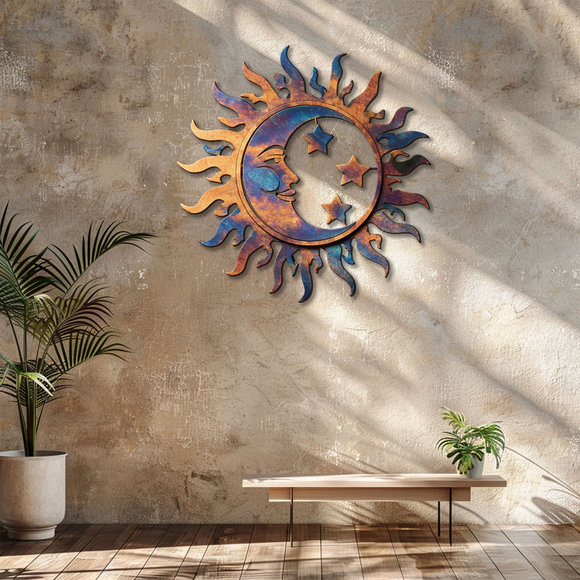 Sun Moon Stars Metal Wall Art – 2D UV Printed Aluminum Celestial Decor