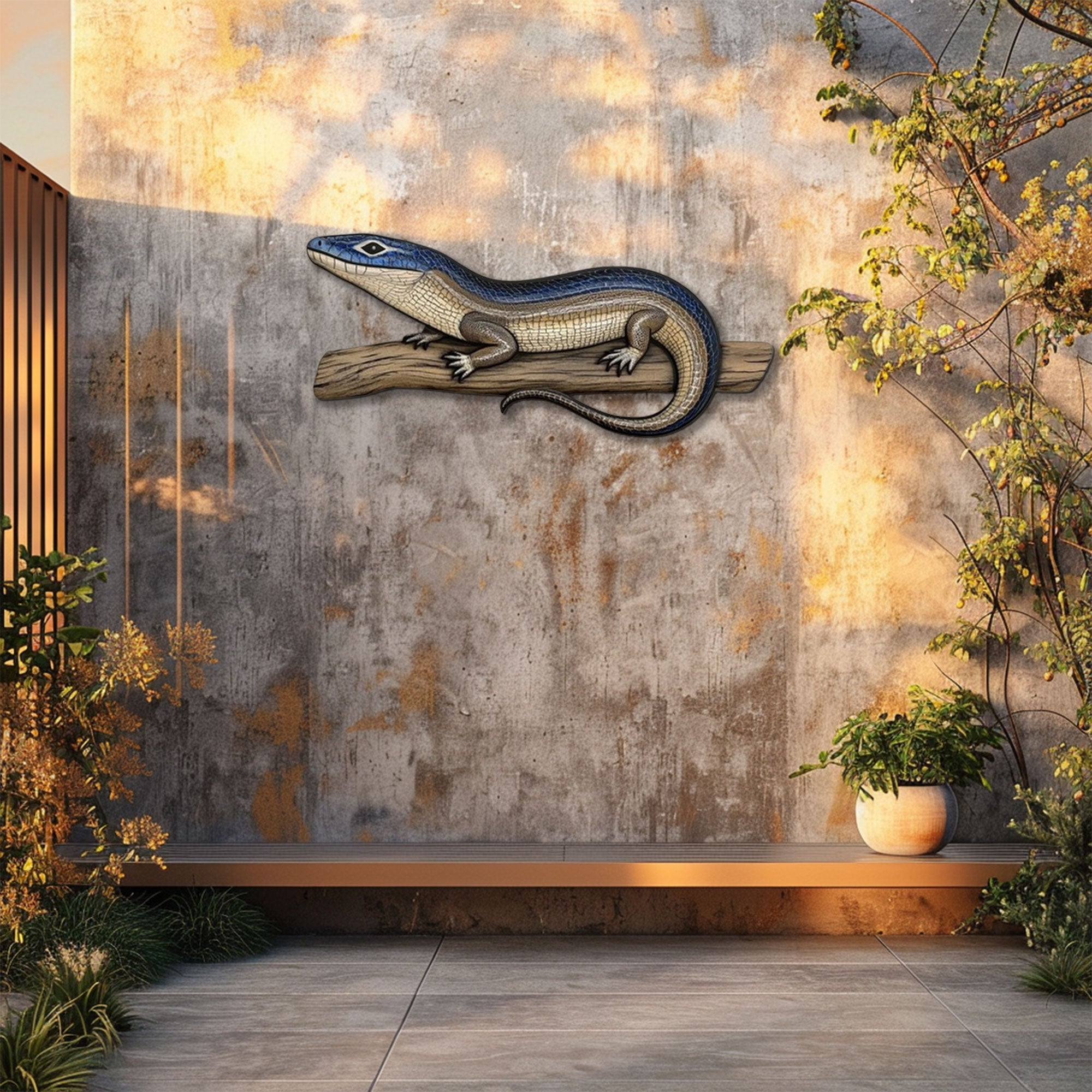 Blue Skink on Branch Metal Wall Art – 2D UV Printed Aluminum Reptile Decor