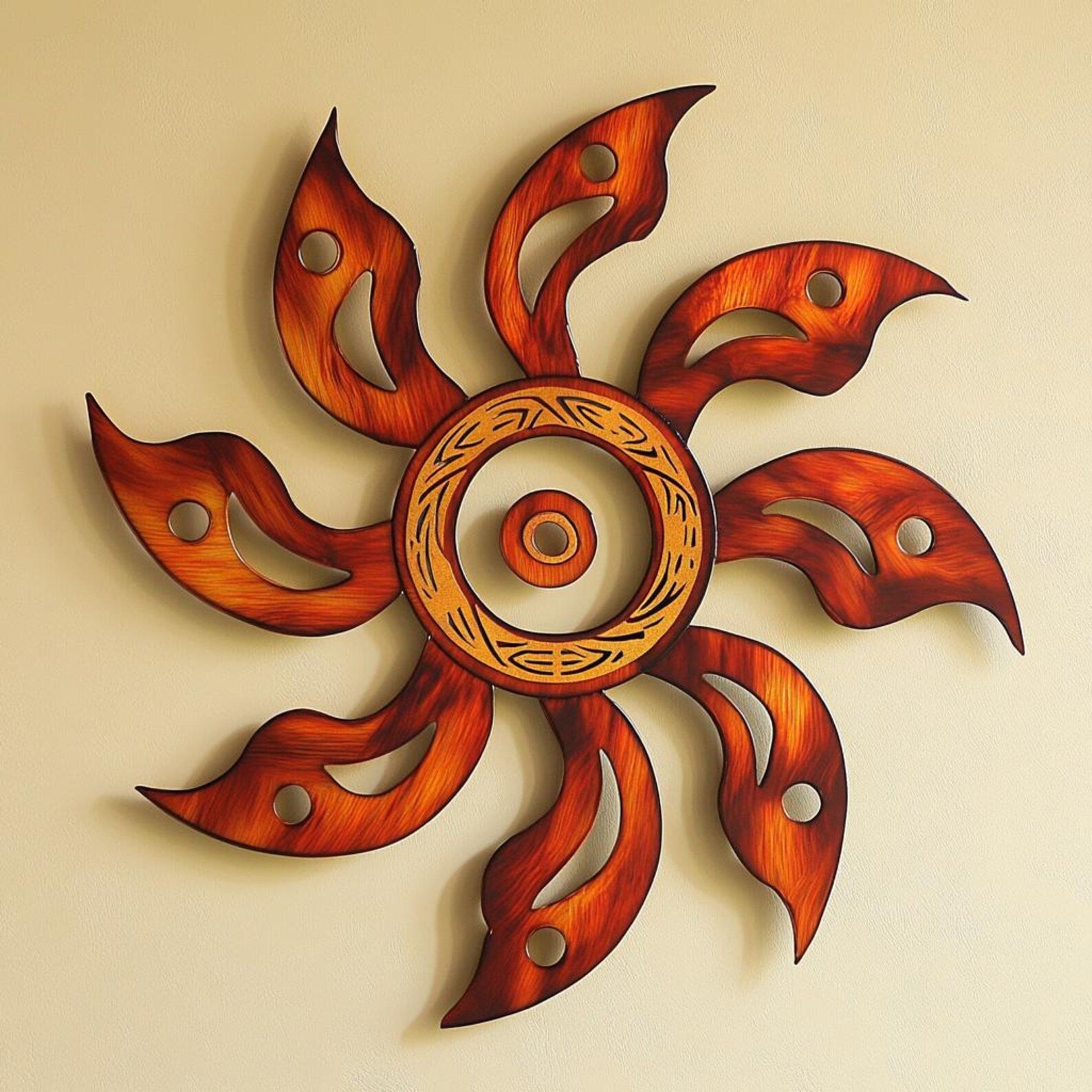 Rustic Orange Sun Metal Wall Art – 2D UV Printed Aluminum Boho Decor