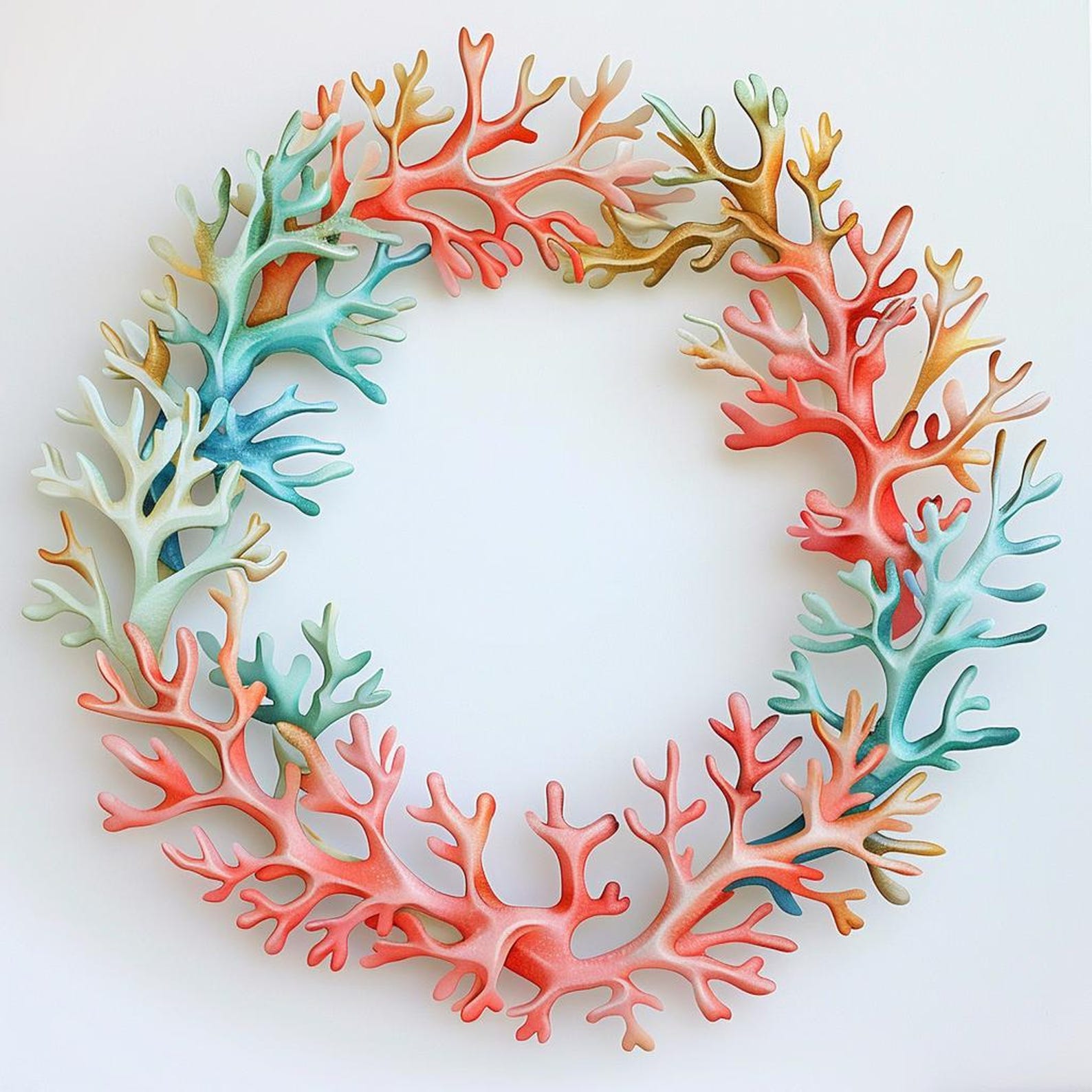 Multicolor Coral Reef Wreath Metal Wall Art – 2D UV Printed Aluminum Coastal Pastel Decor