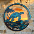 Sunset Sea Turtle Circle Metal Wall Art – 2D UV Printed Aluminum Coastal Horizon Decor