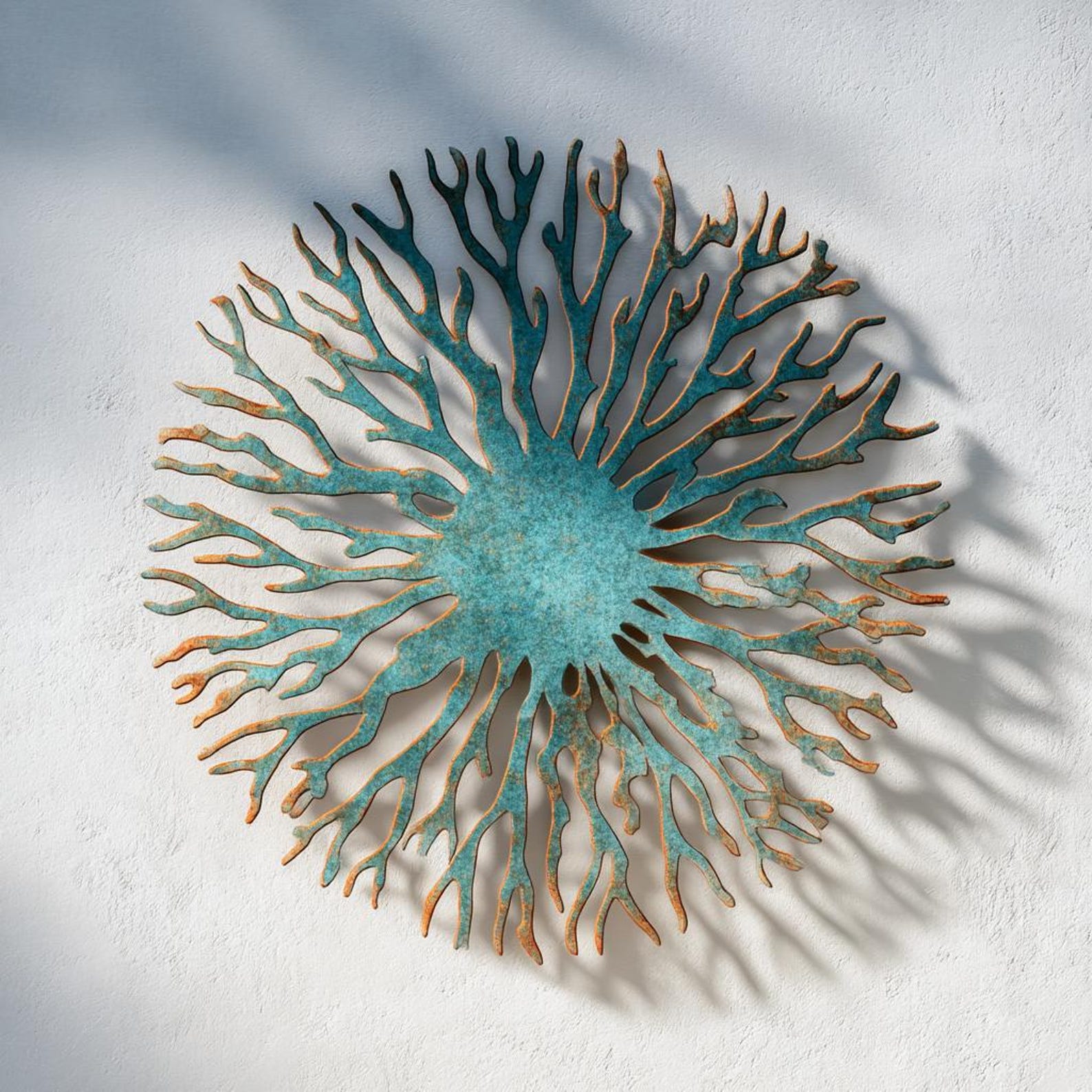 Weathered Turquoise Sea Fan Coral Metal Wall Art – 2D UV Printed Aluminum Coastal Decor