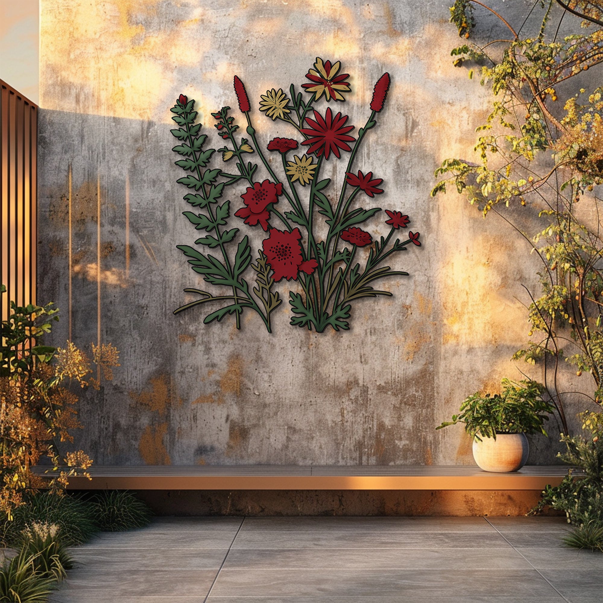 Rustic Crimson Wildflower Meadow Metal Wall Art – 2D UV Printed Aluminum Vintage Floral Decor