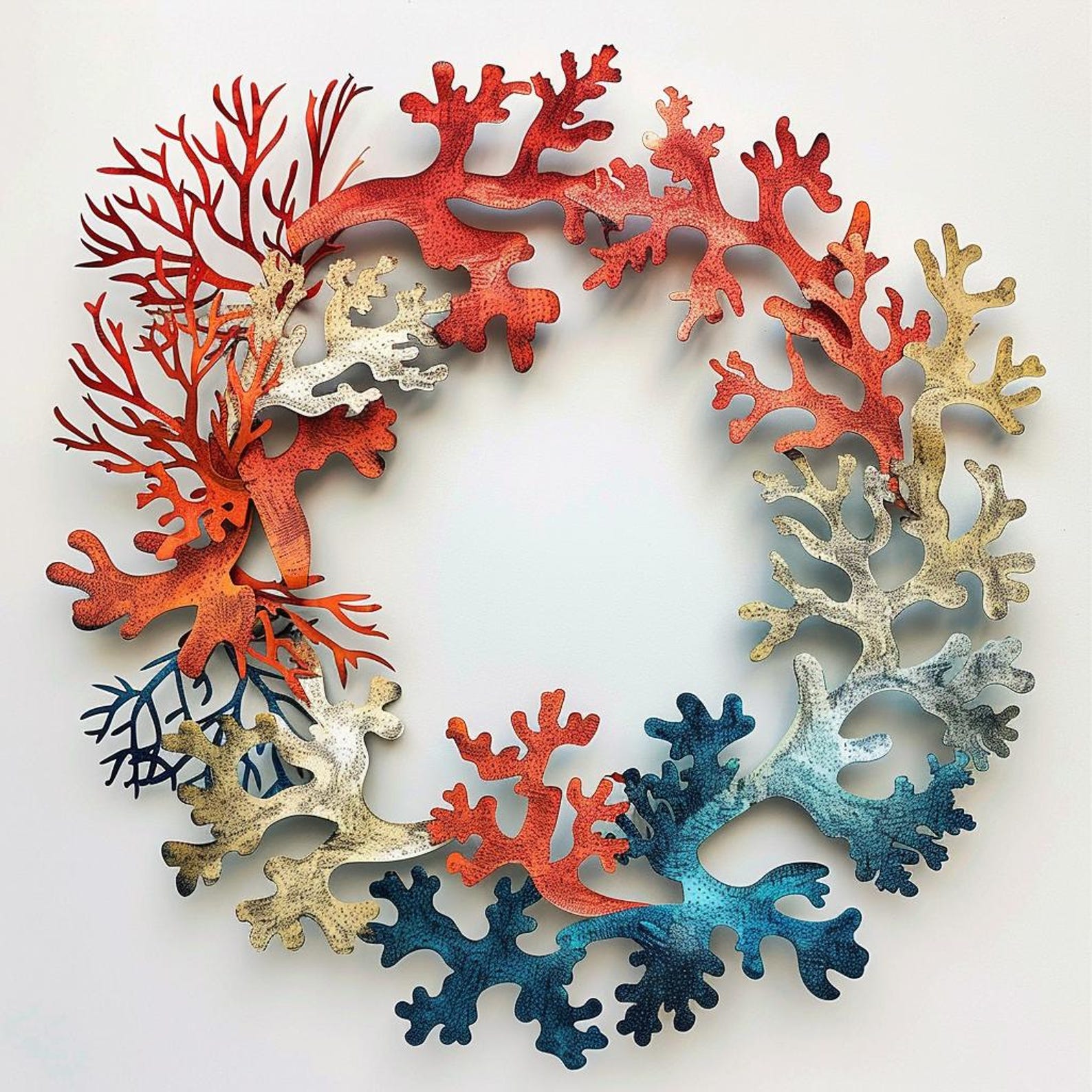 Colorful Coral Wreath Metal Wall Art – 2D UV Printed Aluminum Coastal Decor