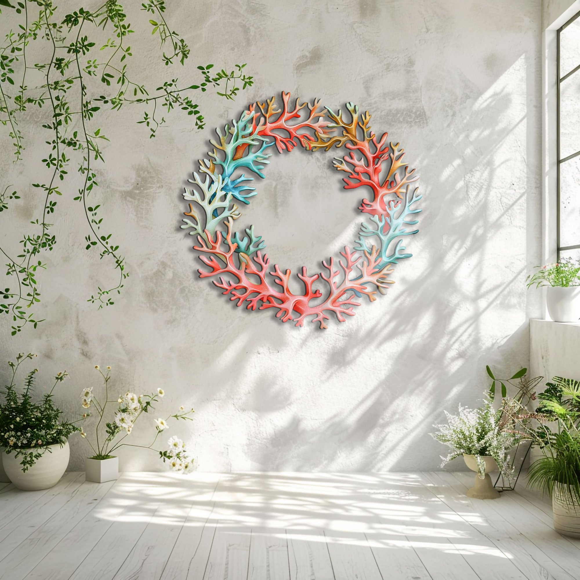 Multicolor Coral Reef Wreath Metal Wall Art – 2D UV Printed Aluminum Coastal Pastel Decor