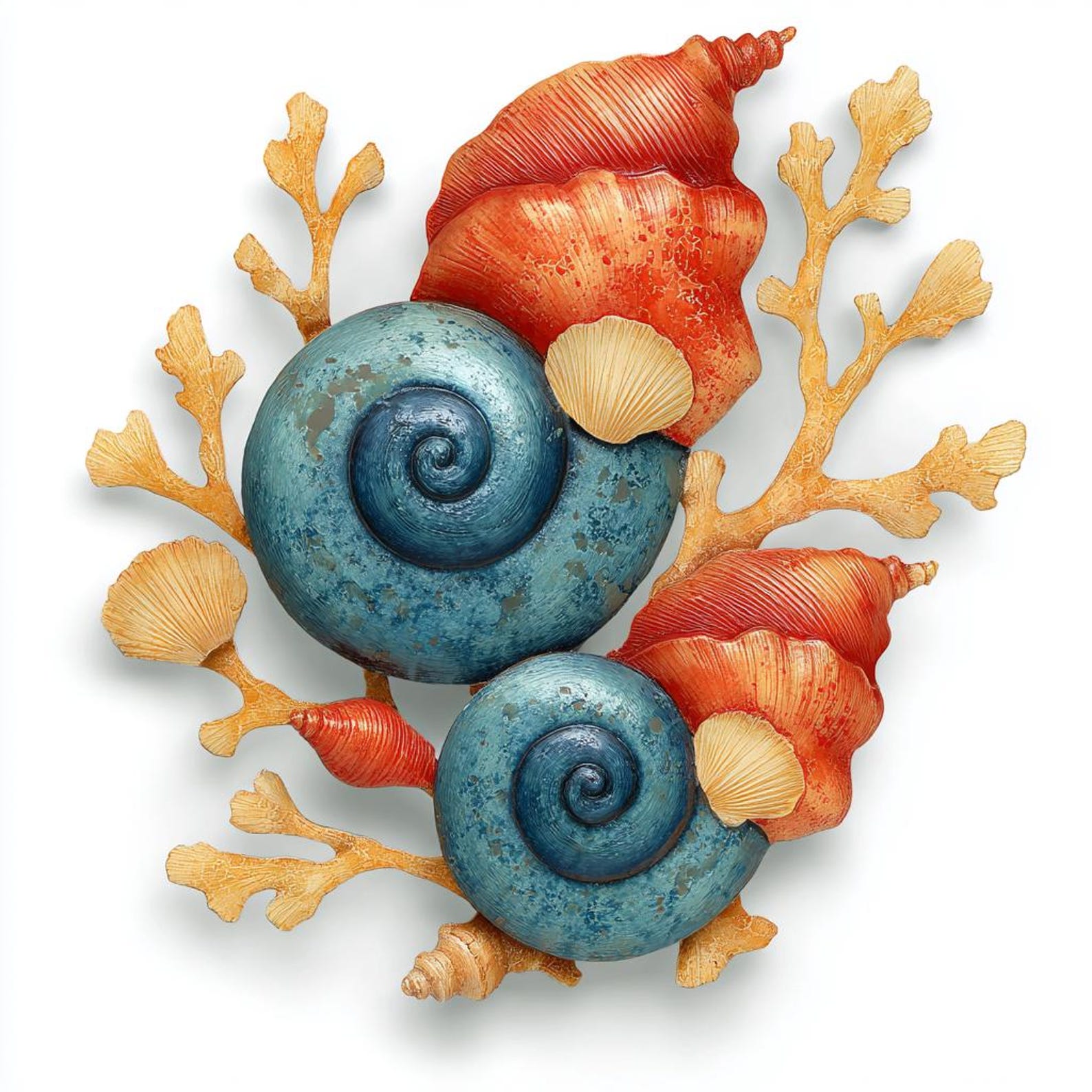 Blue Spiral Seashell Coral Metal Wall Art – 2D UV Printed Aluminum Coastal Ocean Decor