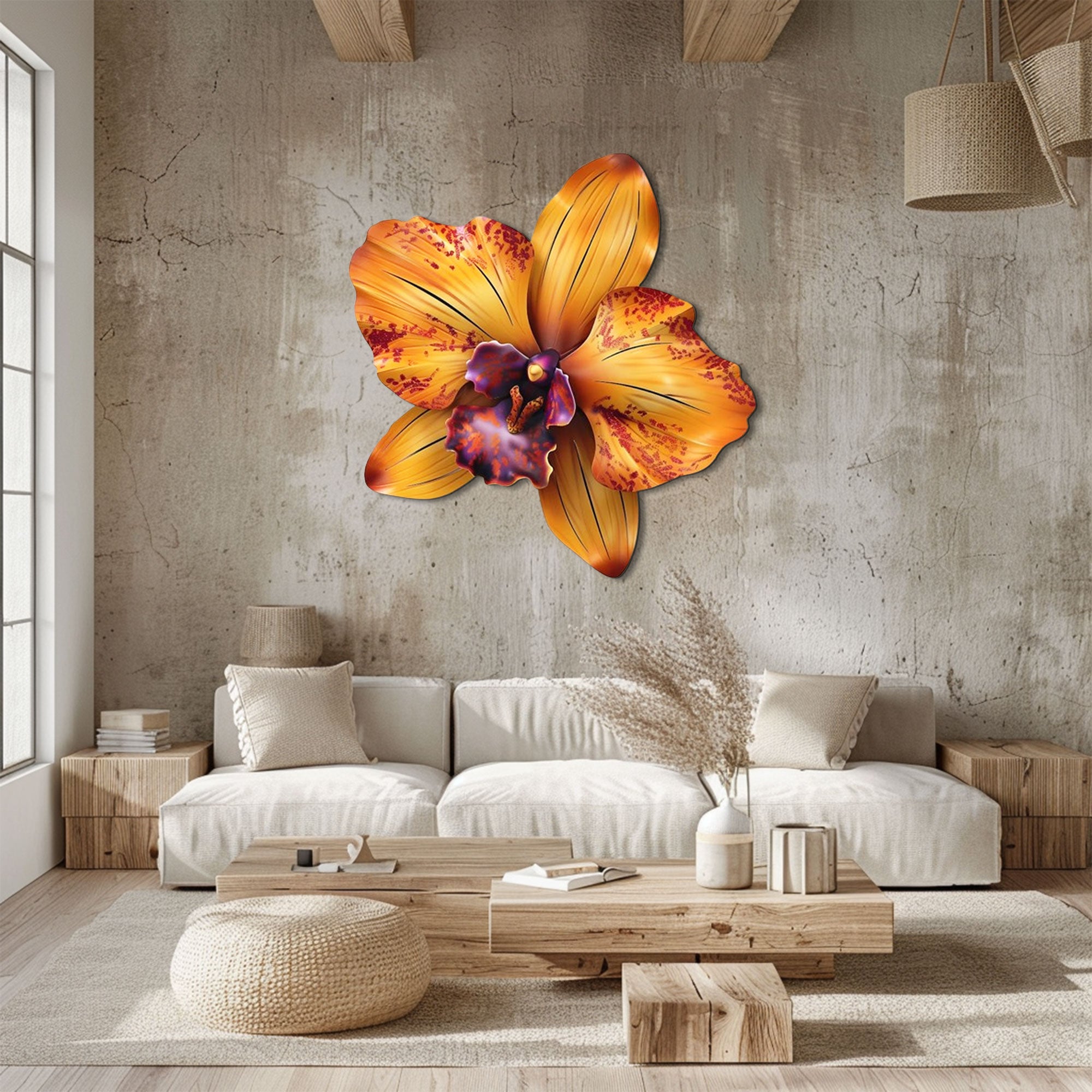 Golden Orchid Flower Metal Wall Art – 2D UV Printed Aluminum Floral Decor