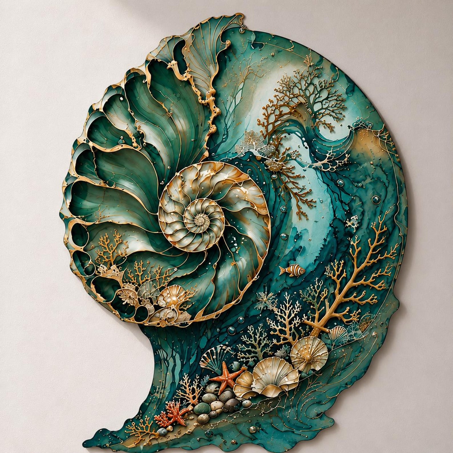 Teal Nautilus Seashell Metal Wall Art – 2D UV Printed Aluminum Coastal Ocean Decor
