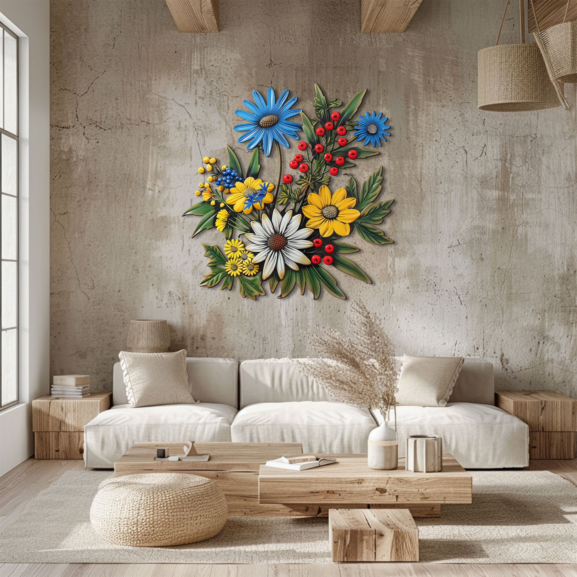 Colorful Wildflower Bouquet Metal Wall Art – 2D UV Printed Aluminum Rustic Floral Decor