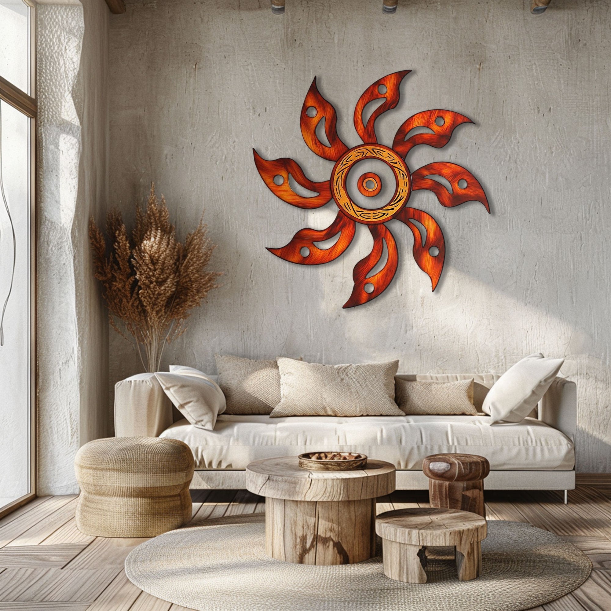 Rustic Orange Sun Metal Wall Art – 2D UV Printed Aluminum Boho Decor