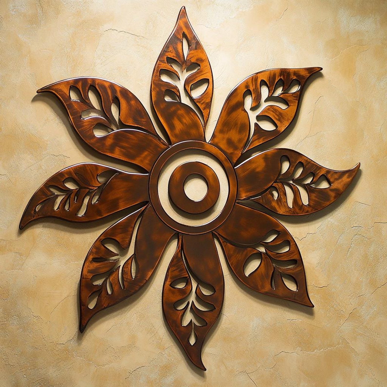 Rustic Leaf Mandala Metal Wall Art – 2D UV Printed Aluminum Boho Decor