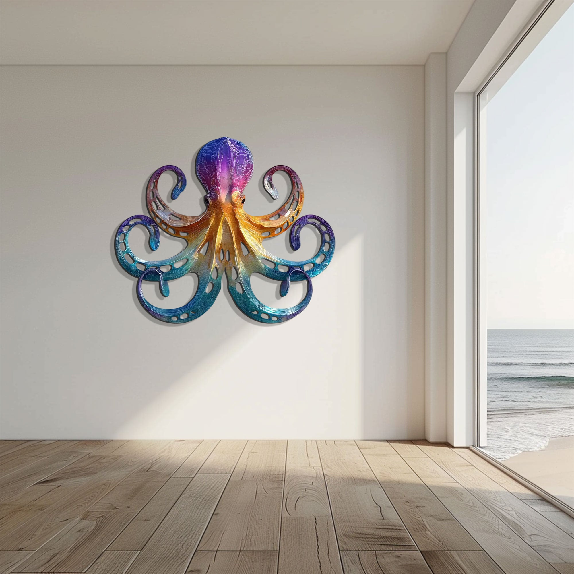 Rainbow Octopus Metal Wall Art – 2D UV Printed Aluminum Coastal Decor