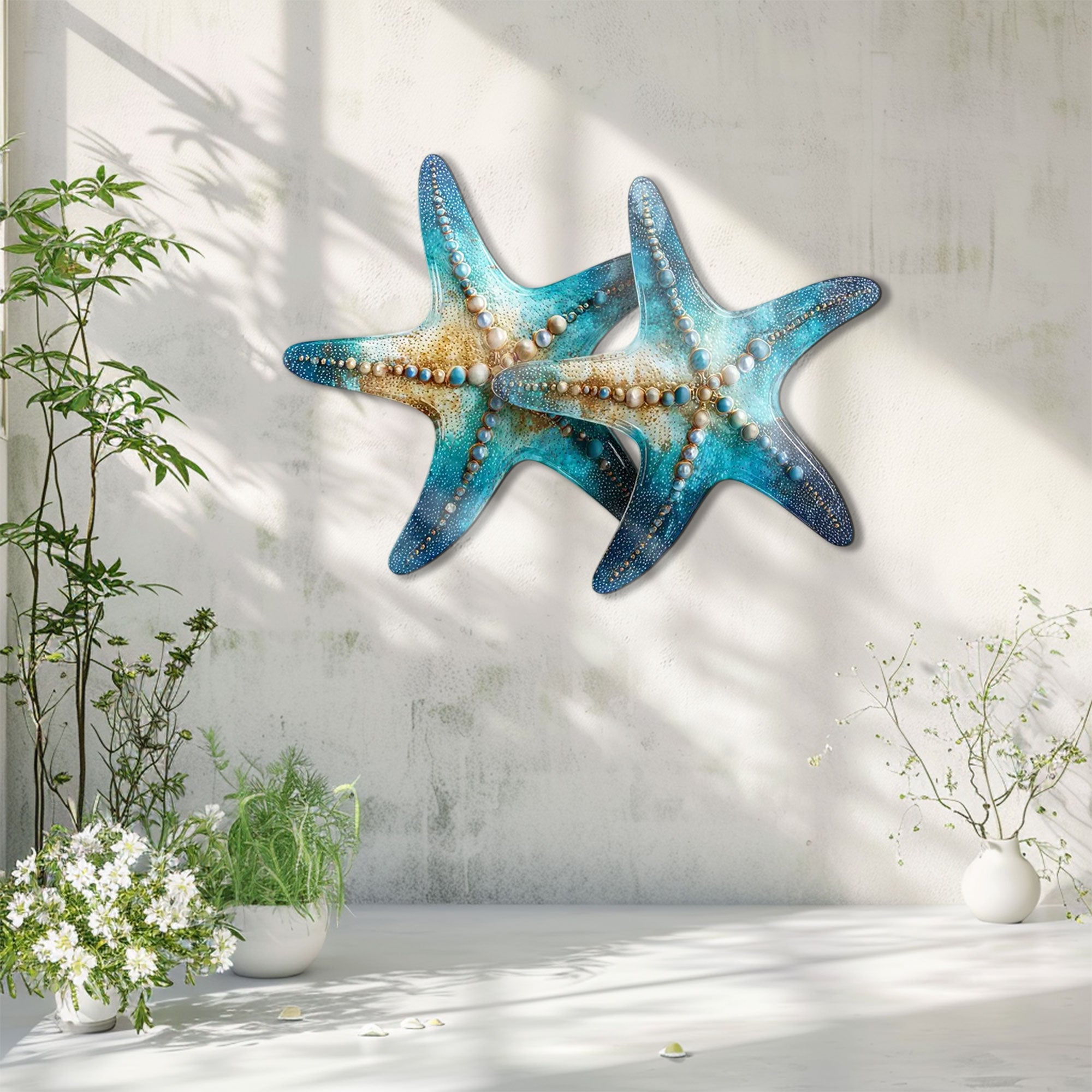 Double Blue Starfish Metal Wall Art – 2D UV Printed Aluminum Coastal Decor