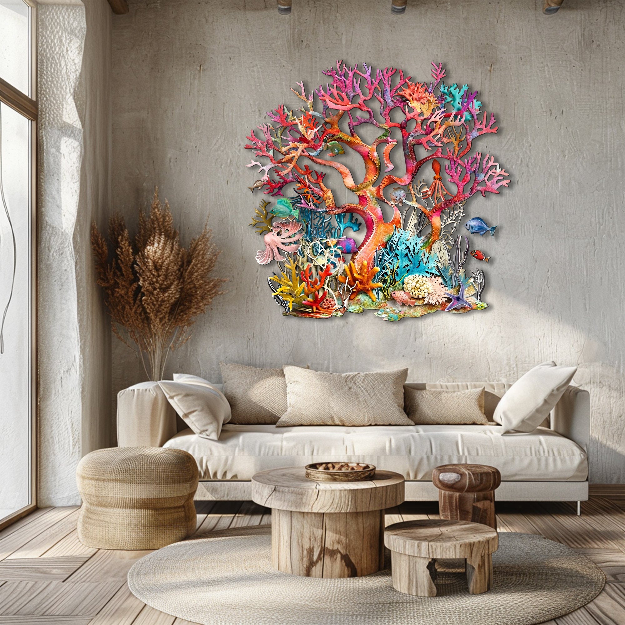 Colorful Coral Reef Metal Wall Art – 2D UV Printed Aluminum Ocean Marine Life Decor