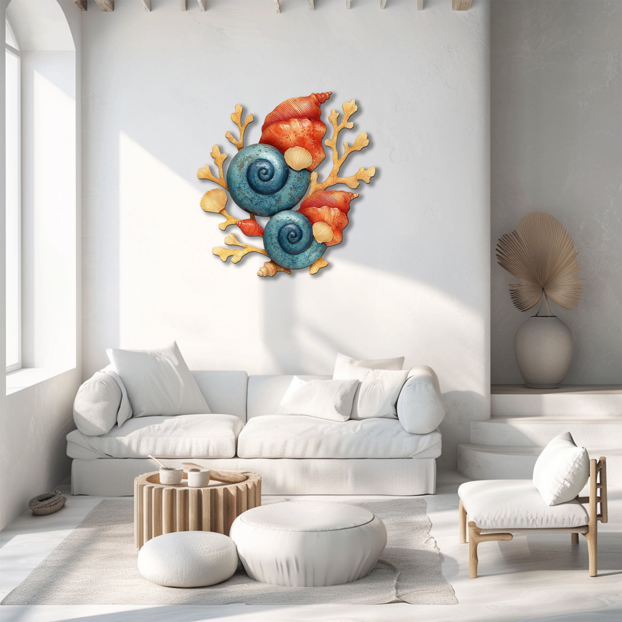Blue Spiral Seashell Coral Metal Wall Art – 2D UV Printed Aluminum Coastal Ocean Decor