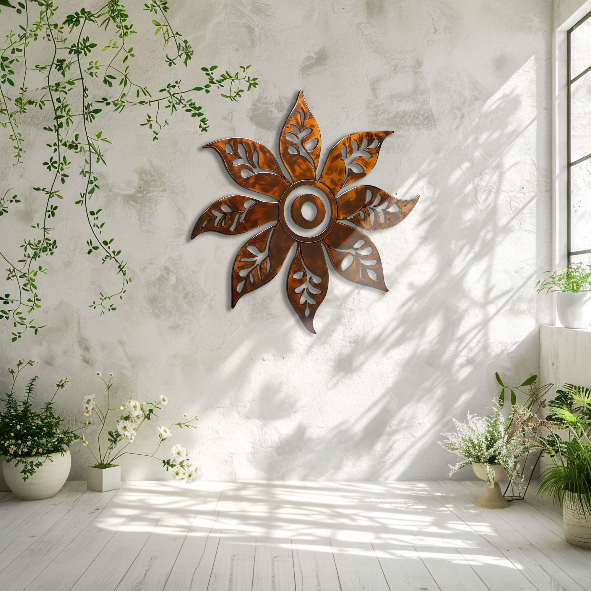 Rustic Leaf Mandala Metal Wall Art – 2D UV Printed Aluminum Boho Decor