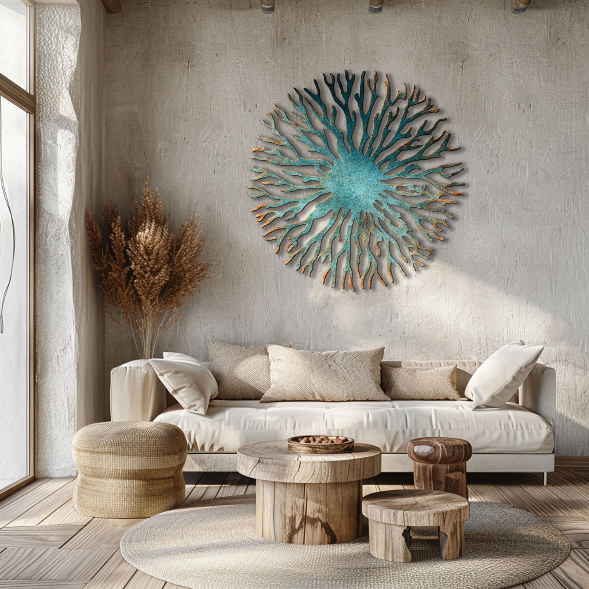 Weathered Turquoise Sea Fan Coral Metal Wall Art – 2D UV Printed Aluminum Coastal Decor