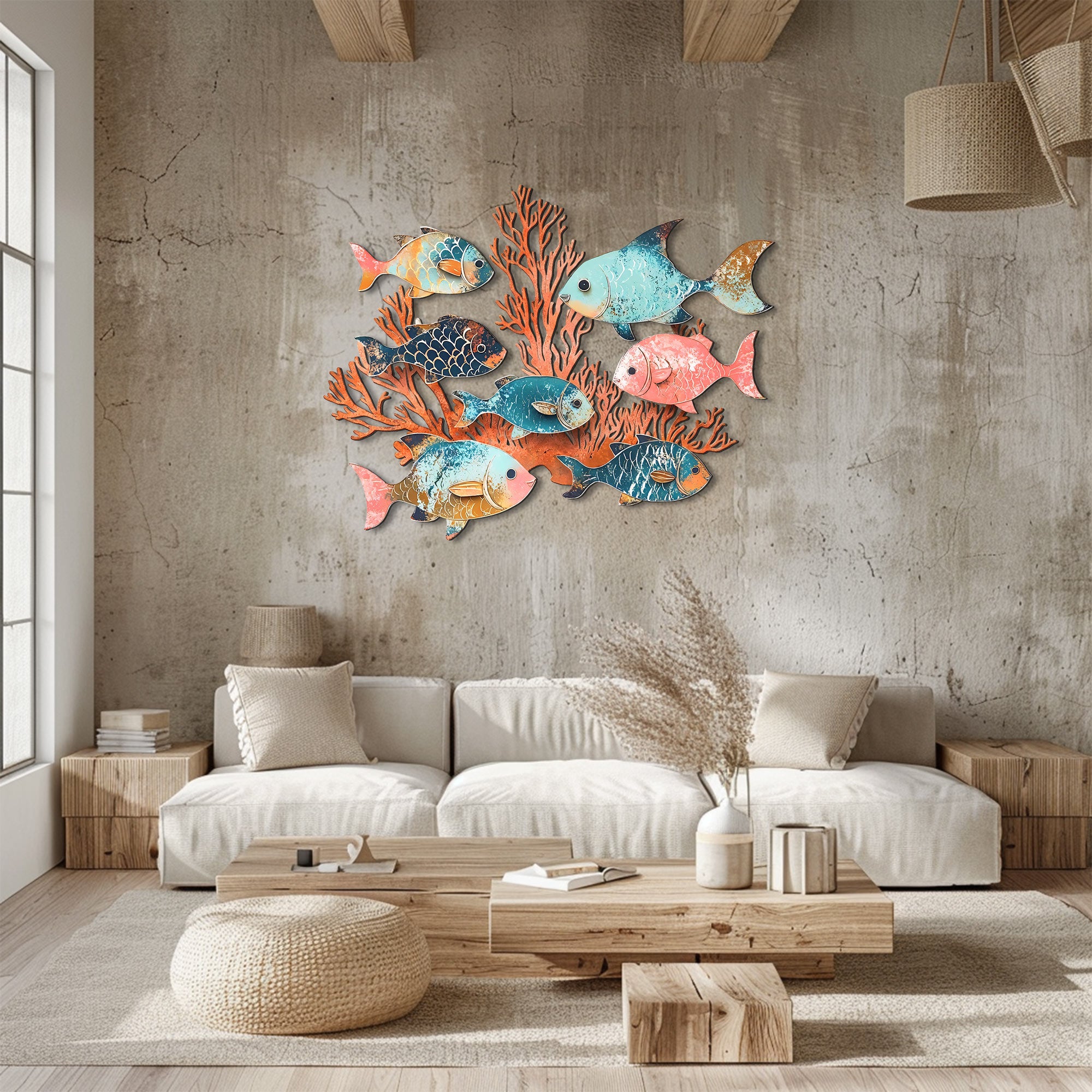 Coastal Fish Coral Reef Metal Wall Art – 2D UV Printed Aluminum Ocean Decor