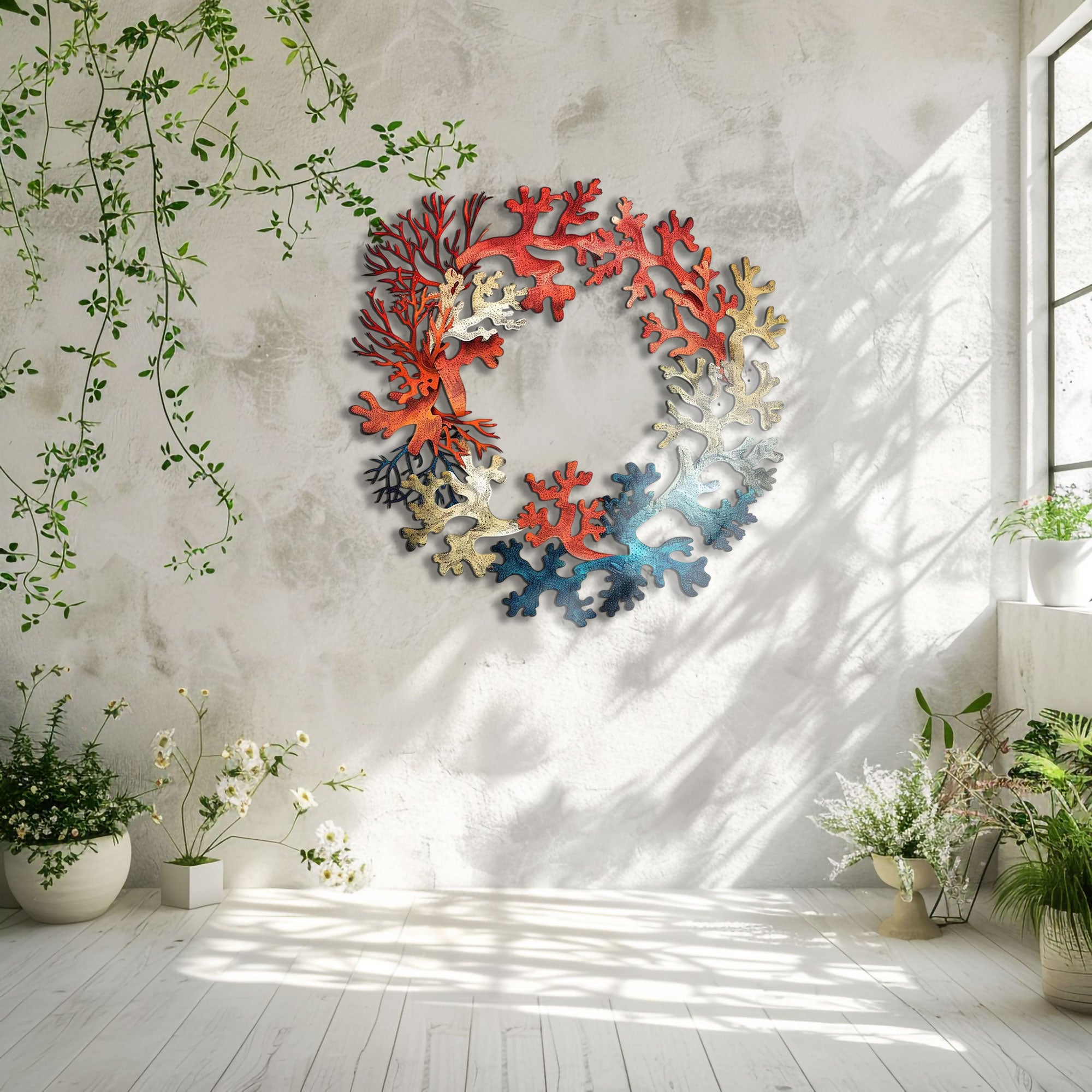 Colorful Coral Wreath Metal Wall Art – 2D UV Printed Aluminum Coastal Decor