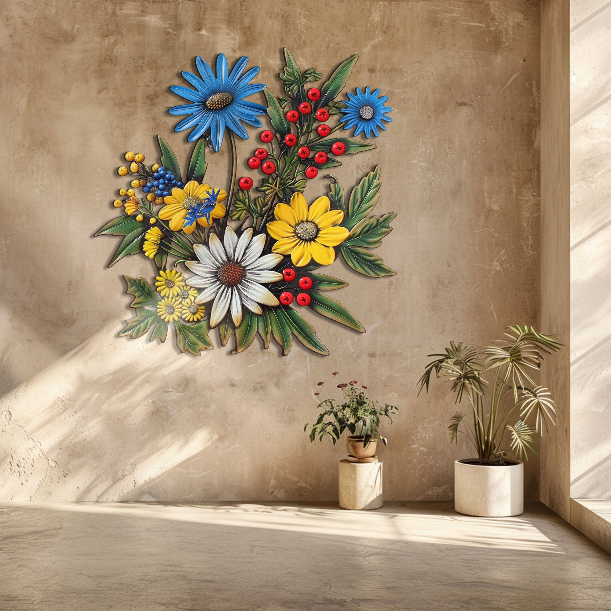 Colorful Wildflower Bouquet Metal Wall Art – 2D UV Printed Aluminum Rustic Floral Decor