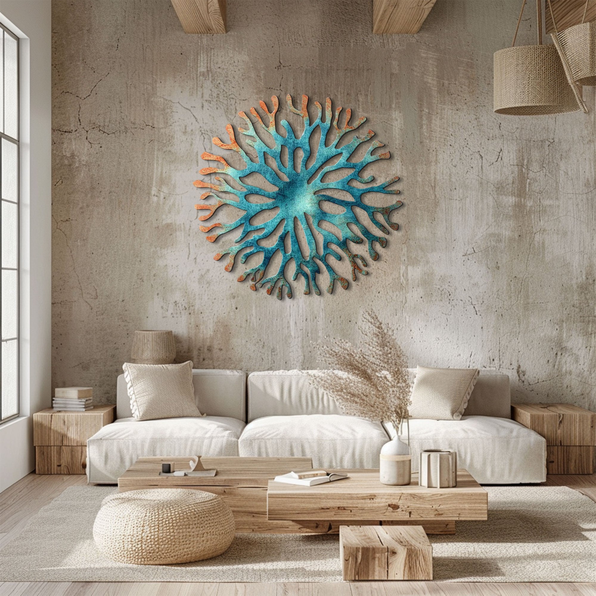 Turquoise Orange Coral Reef Metal Wall Art – 2D UV Printed Aluminum Coastal Decor